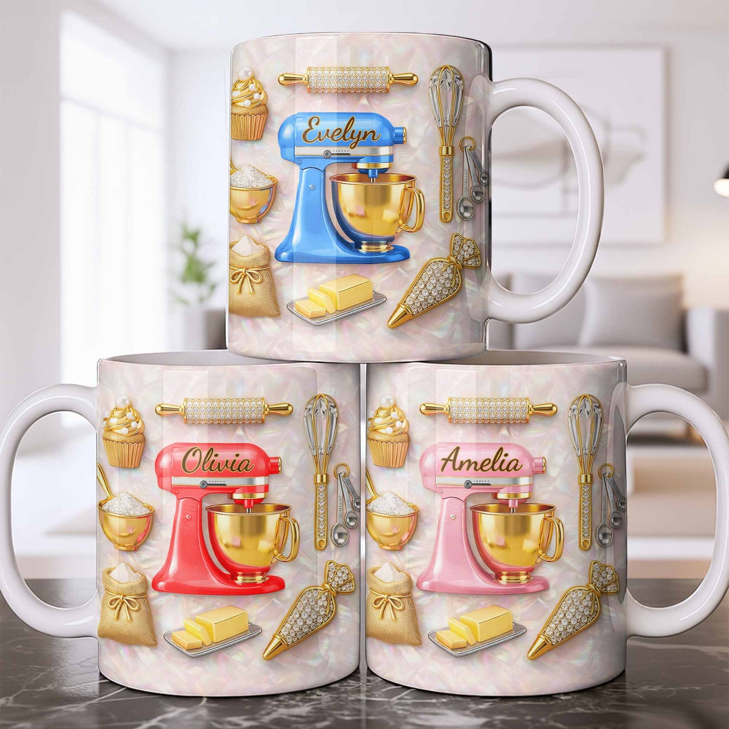 Baking With Love And Style Gold Mixer And Rolling Pin - Personalized Custom Coffee Mug - COOK037_MG