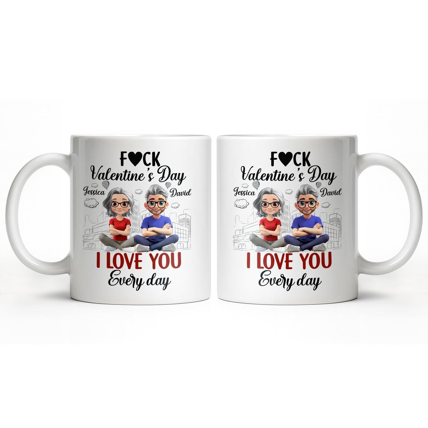 I Love You Every Day With Cartoon Couple And City Skyline - Personalized Custom Coffee Mug - CPL1019_MG