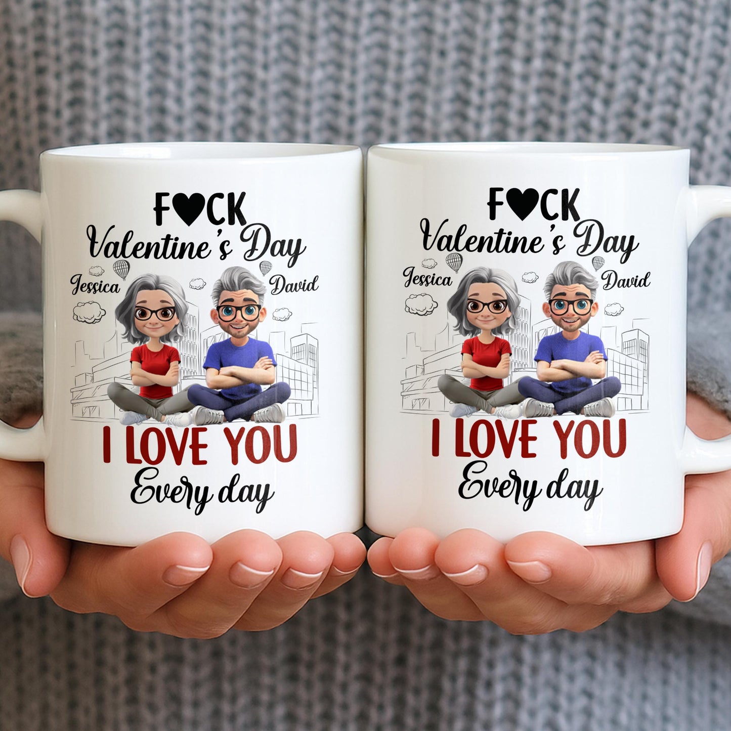 I Love You Every Day With Cartoon Couple And City Skyline - Personalized Custom Coffee Mug - CPL1019_MG