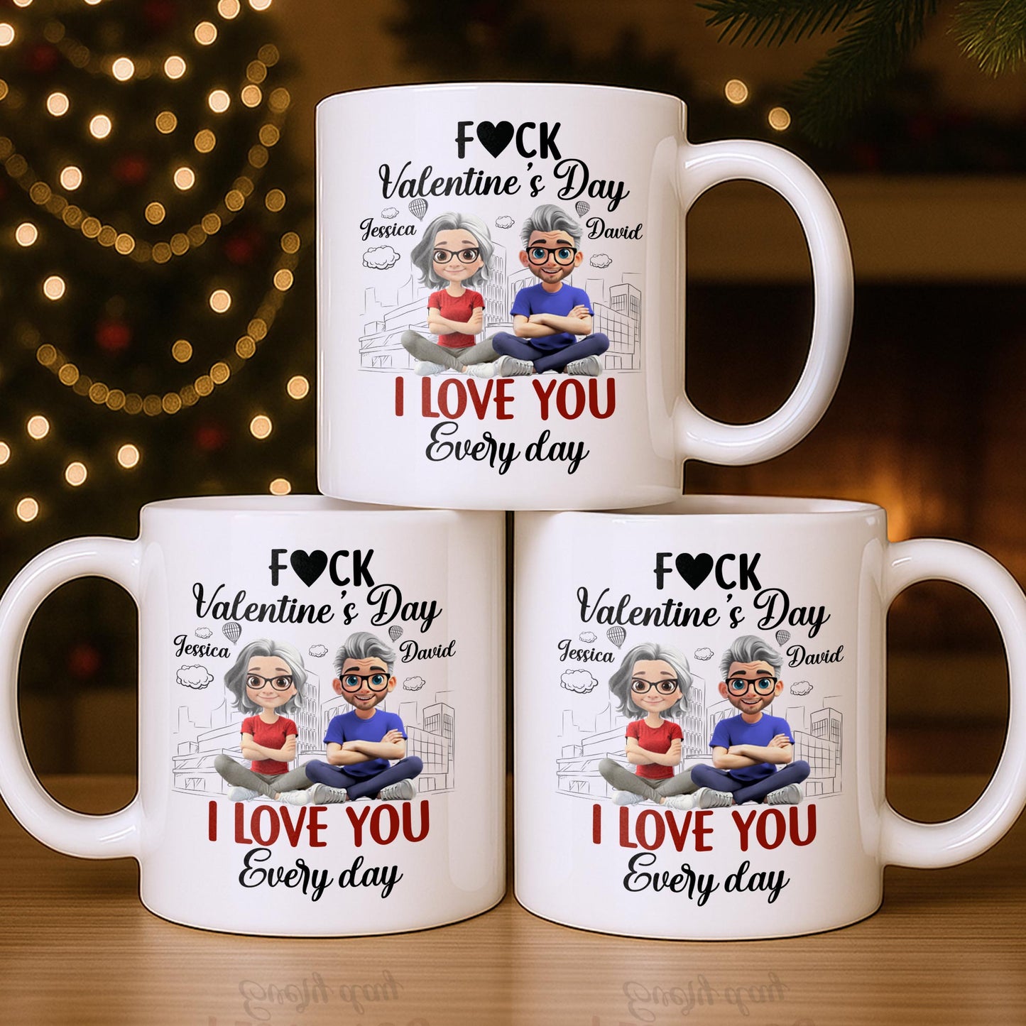 I Love You Every Day With Cartoon Couple And City Skyline - Personalized Custom Coffee Mug - CPL1019_MG