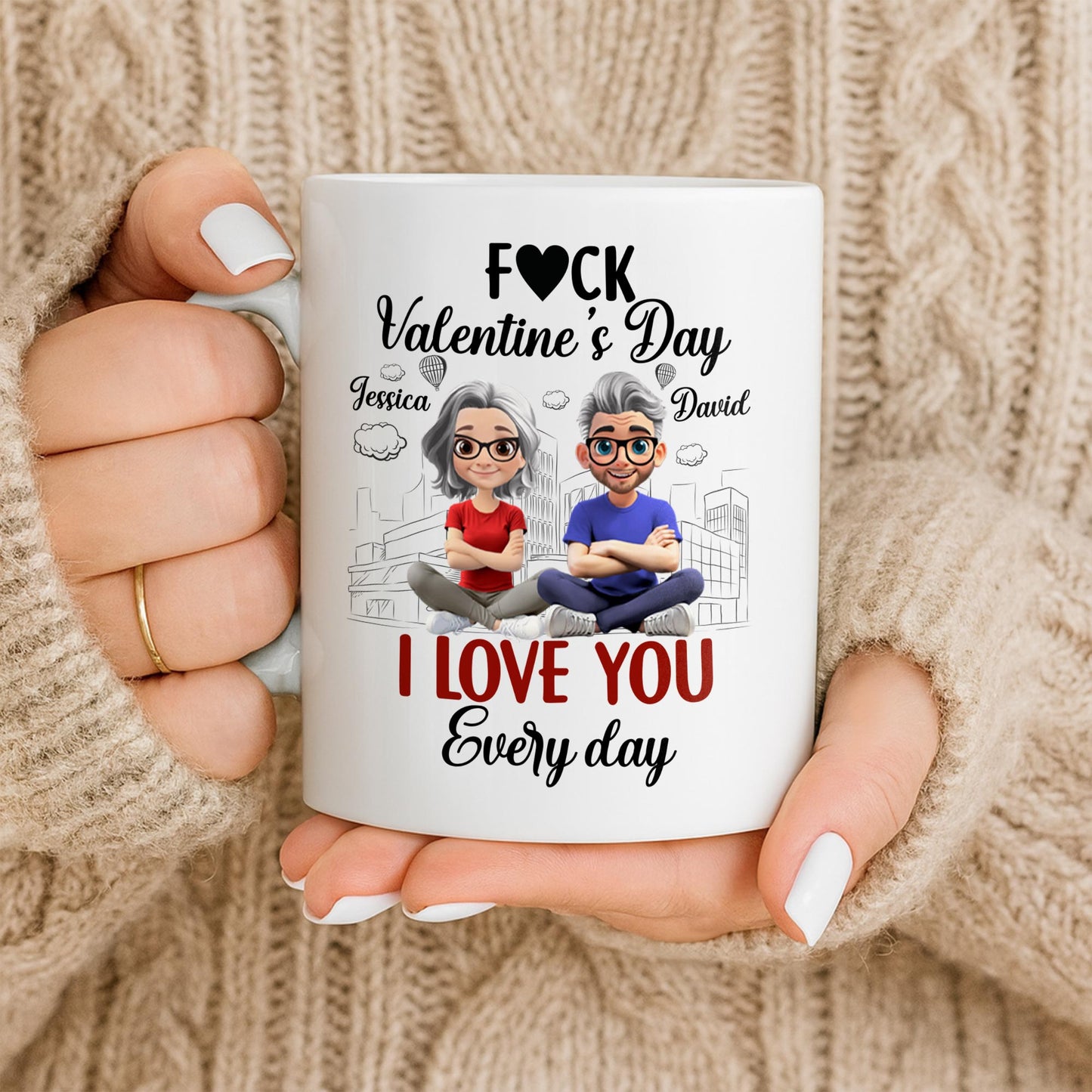 I Love You Every Day With Cartoon Couple And City Skyline - Personalized Custom Coffee Mug - CPL1019_MG