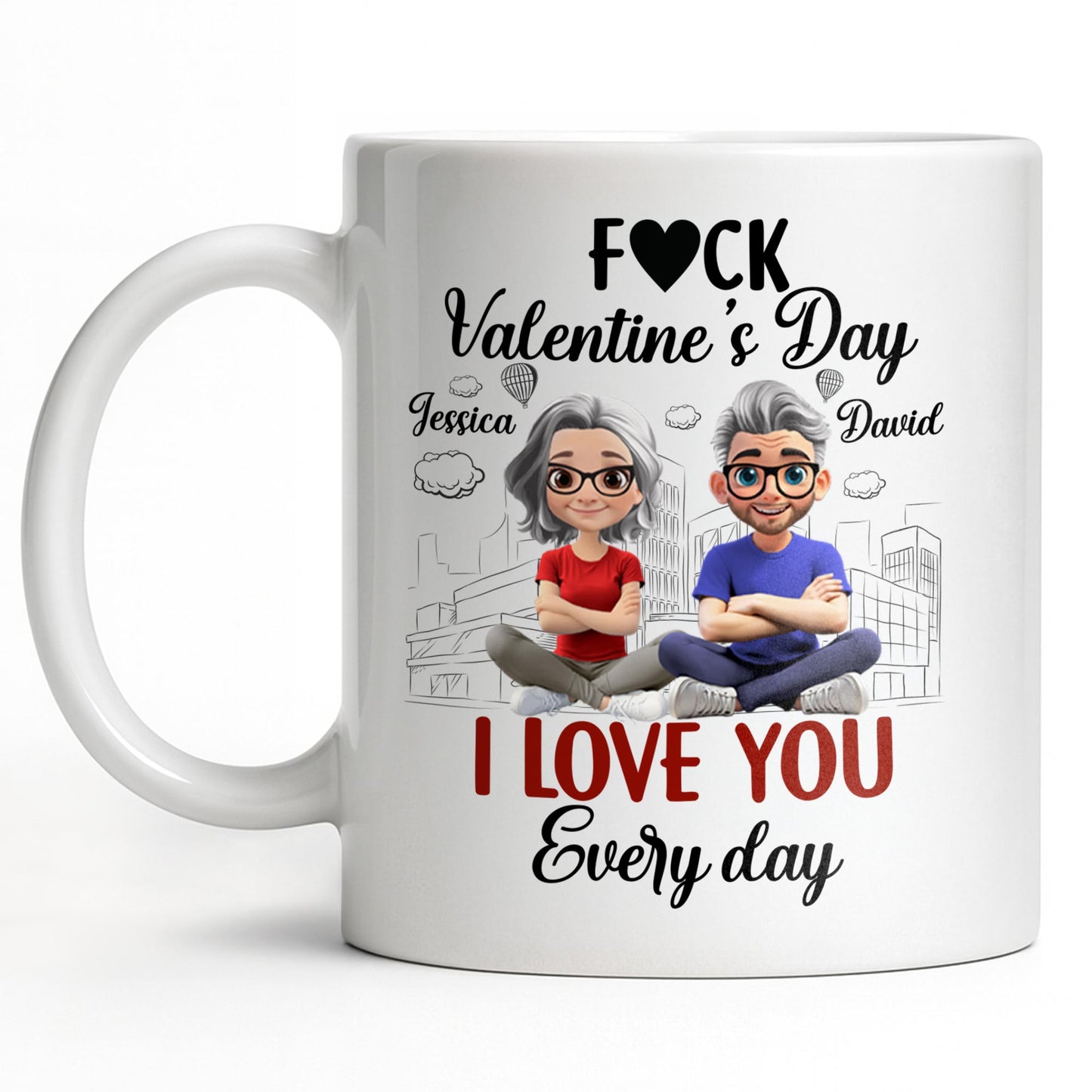 I Love You Every Day With Cartoon Couple And City Skyline - Personalized Custom Coffee Mug - CPL1019_MG