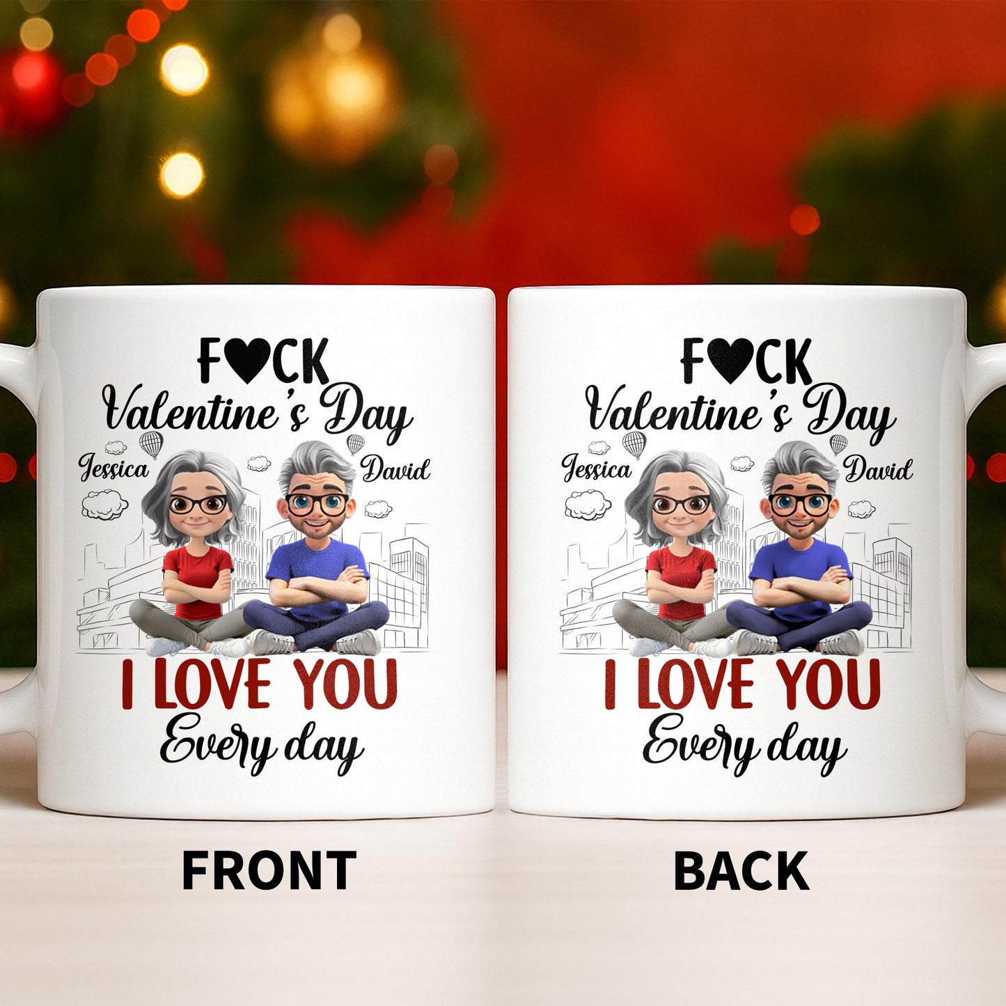 I Love You Every Day With Cartoon Couple And City Skyline - Personalized Custom Coffee Mug - CPL1019_MG