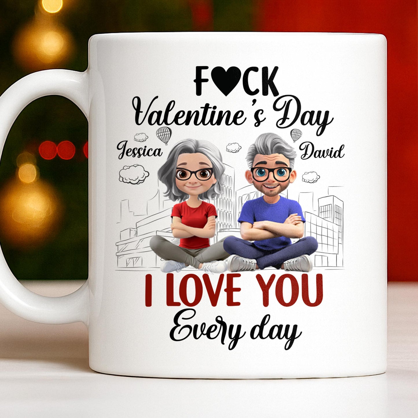 I Love You Every Day With Cartoon Couple And City Skyline - Personalized Custom Coffee Mug - CPL1019_MG