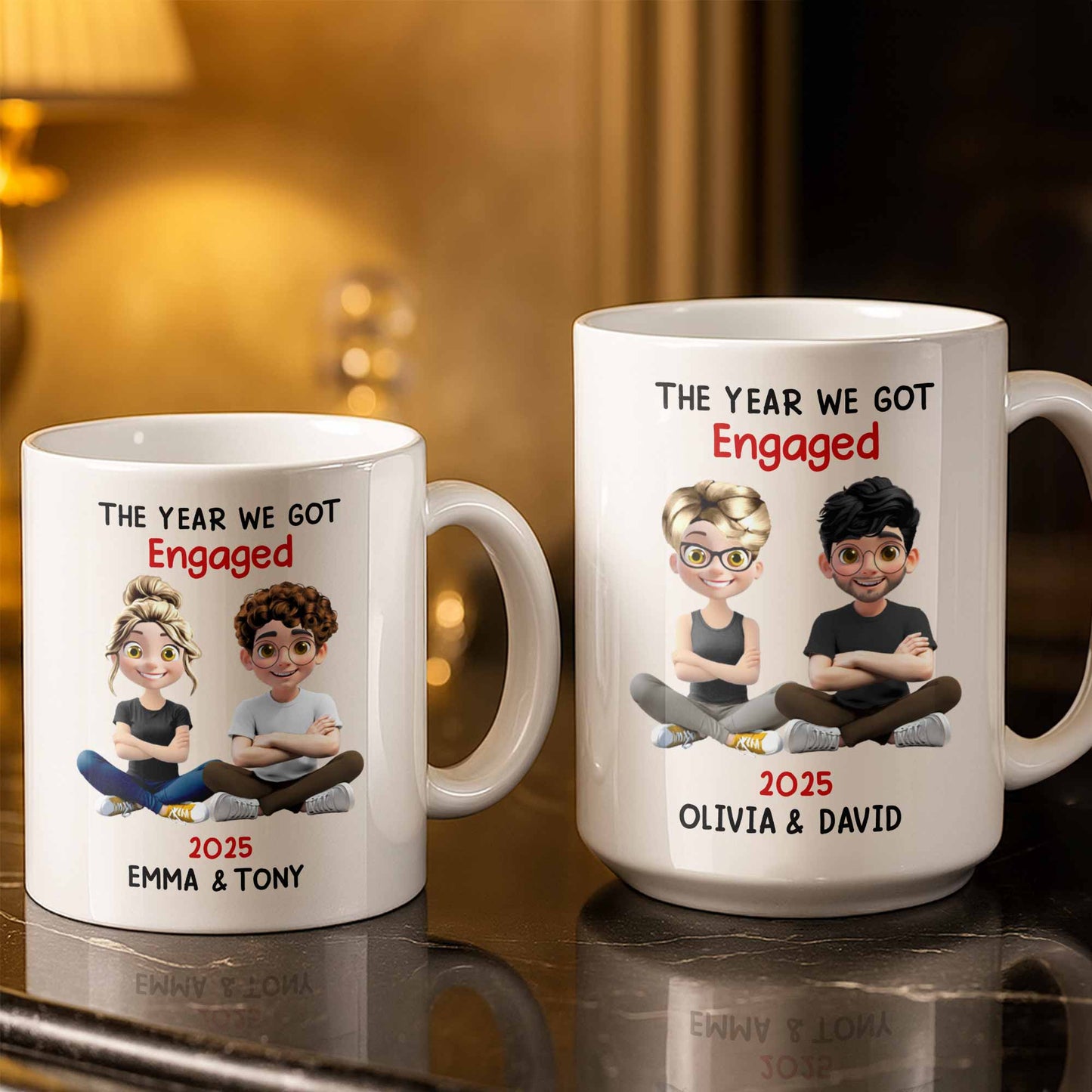 The Year We Got Engaged, Cartoon Couple Design - Personalized Custom Coffee Mug - CPL1150_MG