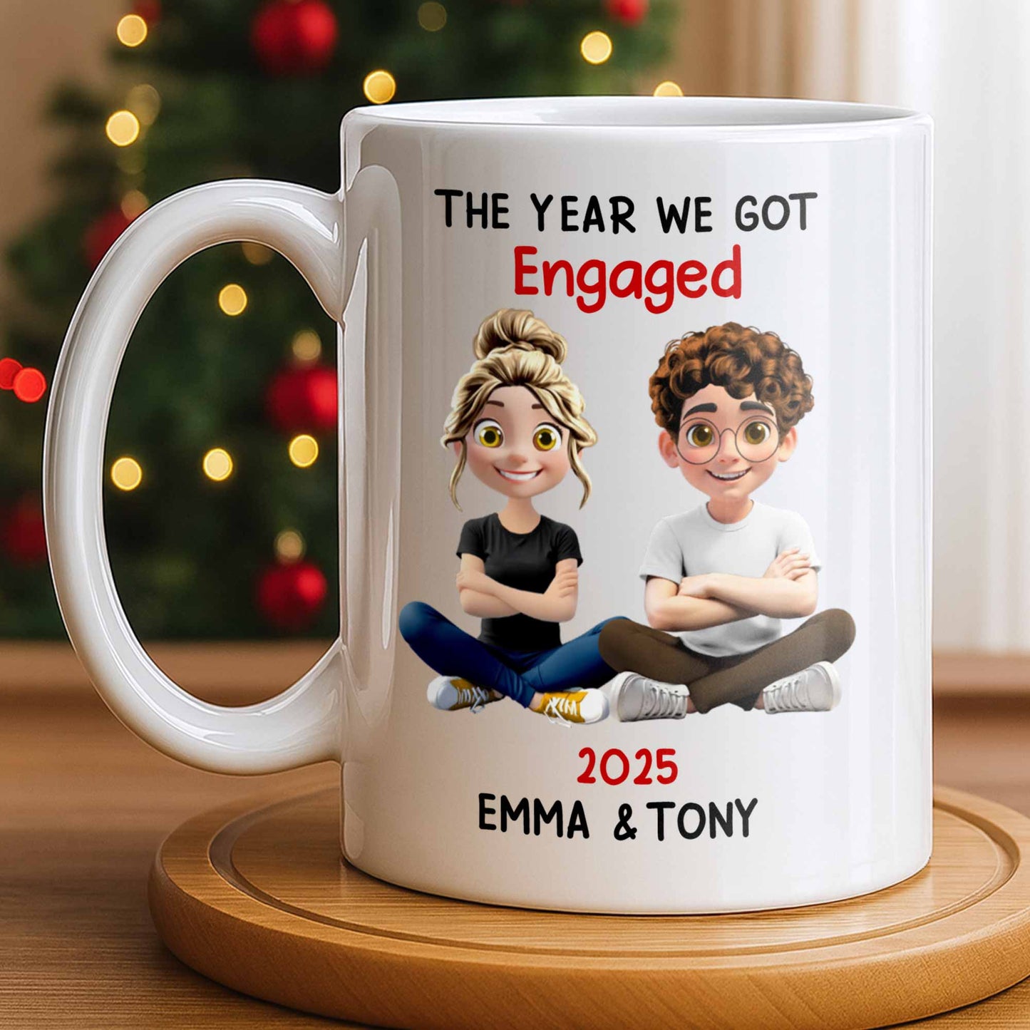 The Year We Got Engaged, Cartoon Couple Design - Personalized Custom Coffee Mug - CPL1150_MG