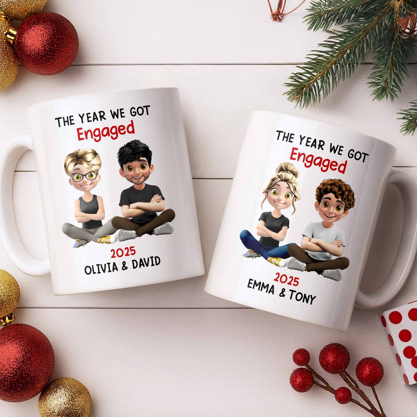The Year We Got Engaged, Cartoon Couple Design - Personalized Custom Coffee Mug - CPL1150_MG