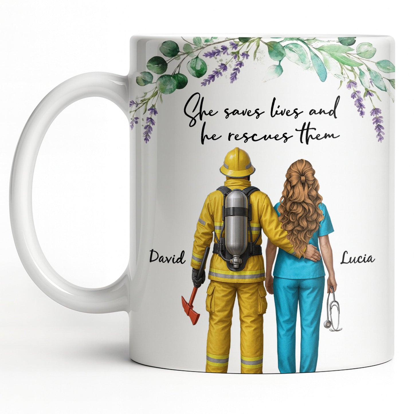 She Saves Lives And He Rescues Them, Featuring Firefighter And Nurse - Personalized Custom Coffee Mug - CPL1207_MG