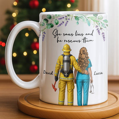 She Saves Lives And He Rescues Them, Featuring Firefighter And Nurse - Personalized Custom Coffee Mug - CPL1207_MG