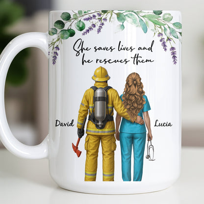She Saves Lives And He Rescues Them, Featuring Firefighter And Nurse - Personalized Custom Coffee Mug - CPL1207_MG