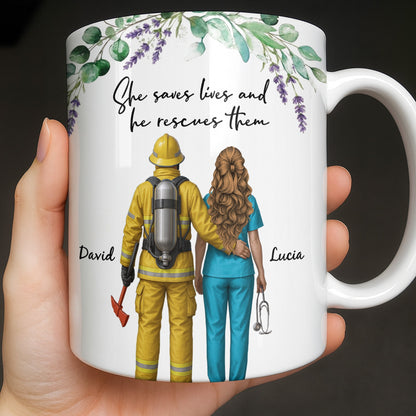 She Saves Lives And He Rescues Them, Featuring Firefighter And Nurse - Personalized Custom Coffee Mug - CPL1207_MG