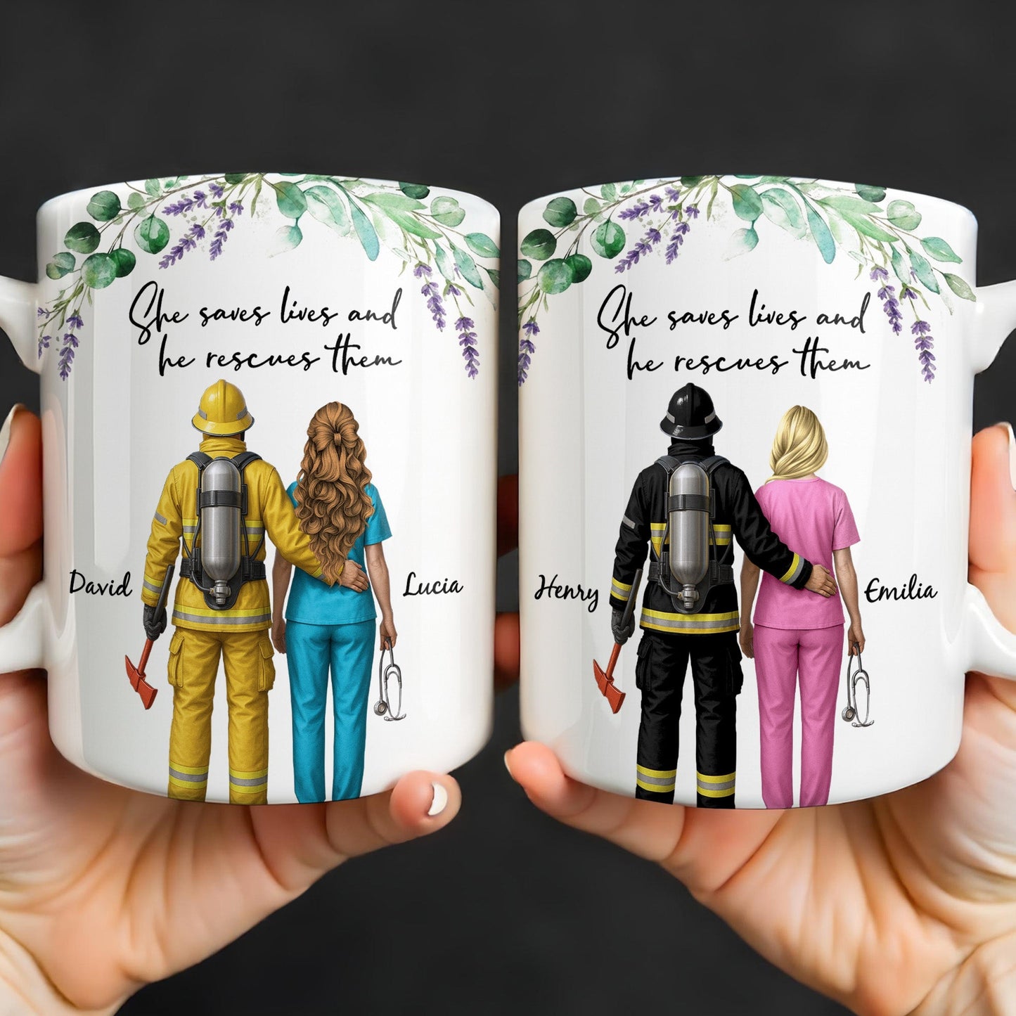 She Saves Lives And He Rescues Them, Featuring Firefighter And Nurse - Personalized Custom Coffee Mug - CPL1207_MG