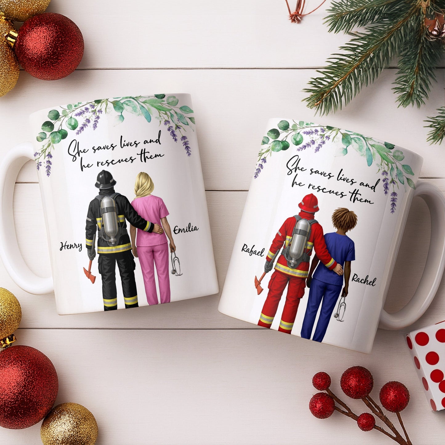 She Saves Lives And He Rescues Them, Featuring Firefighter And Nurse - Personalized Custom Coffee Mug - CPL1207_MG