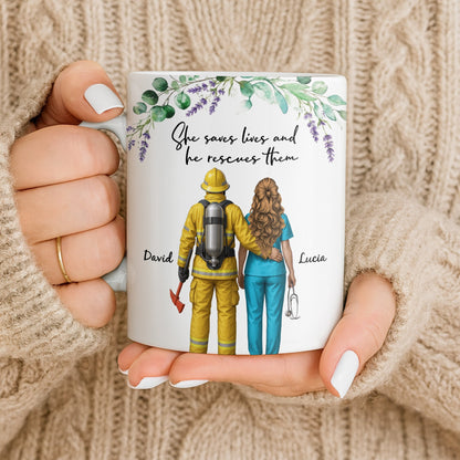 She Saves Lives And He Rescues Them, Featuring Firefighter And Nurse - Personalized Custom Coffee Mug - CPL1207_MG