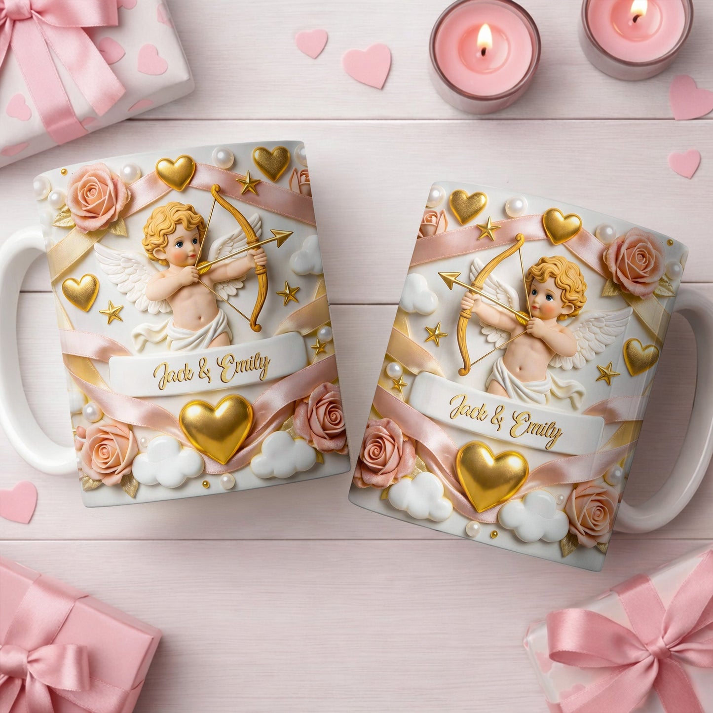 Cupid And Roses With Hearts And Bows Design - Personalized Custom Coffee Mug - CPL1330_MG