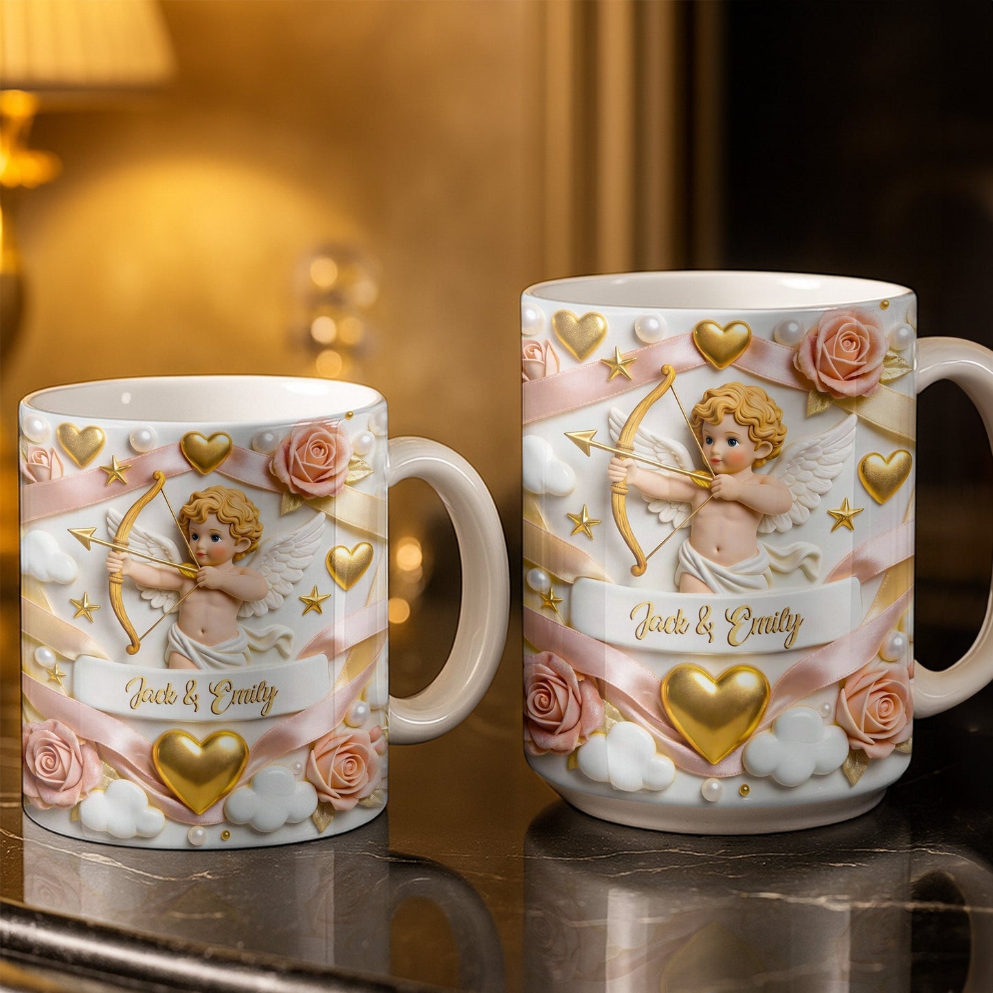 Cupid And Roses With Hearts And Bows Design - Personalized Custom Coffee Mug - CPL1330_MG
