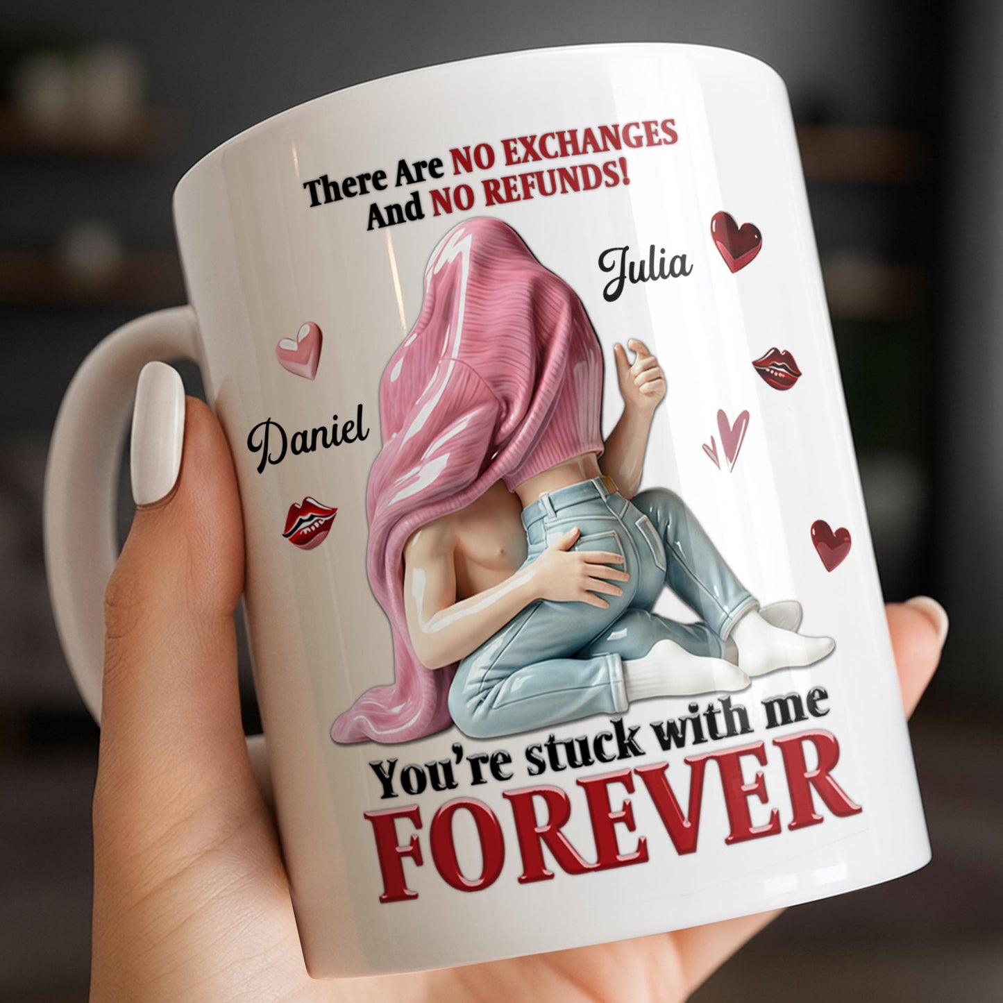 You're Stuck With Me Forever, Hearts and Lips - Personalized Custom Coffee Mug - CPL1334_MG