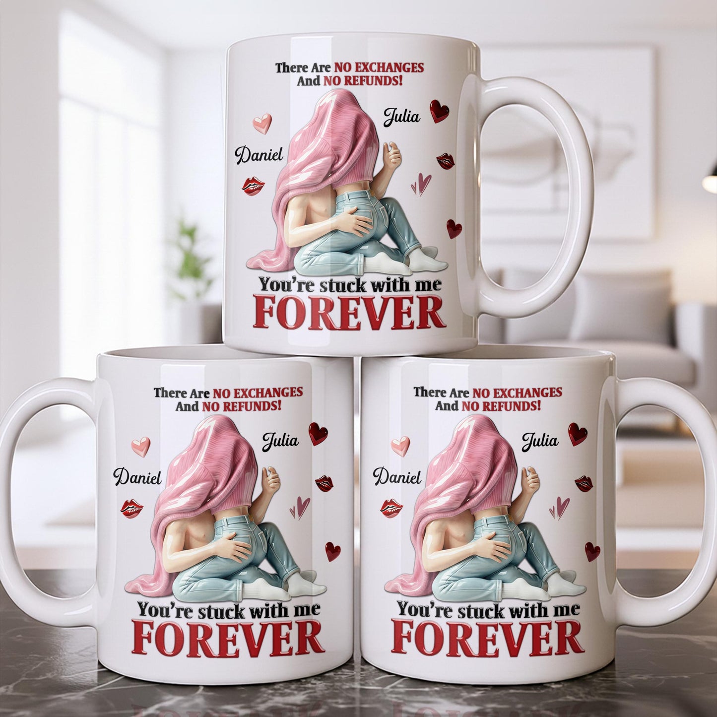 You're Stuck With Me Forever, Hearts and Lips - Personalized Custom Coffee Mug - CPL1334_MG