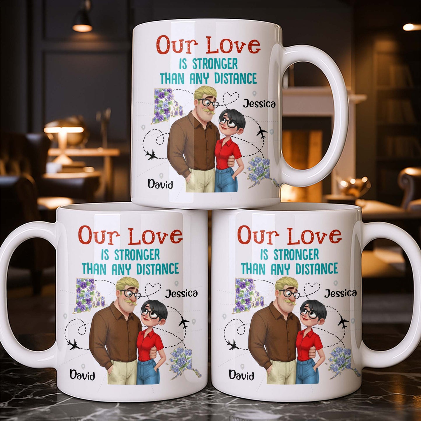 Our Love Is Stronger Than Any Distance Cartoon Couple Mug - Personalized Custom Coffee Mug - CPL1341_MG