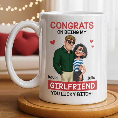 Congrats On Being My Girlfriend, Couple With Hearts - Personalized Custom Coffee Mug - CPL1344_MG