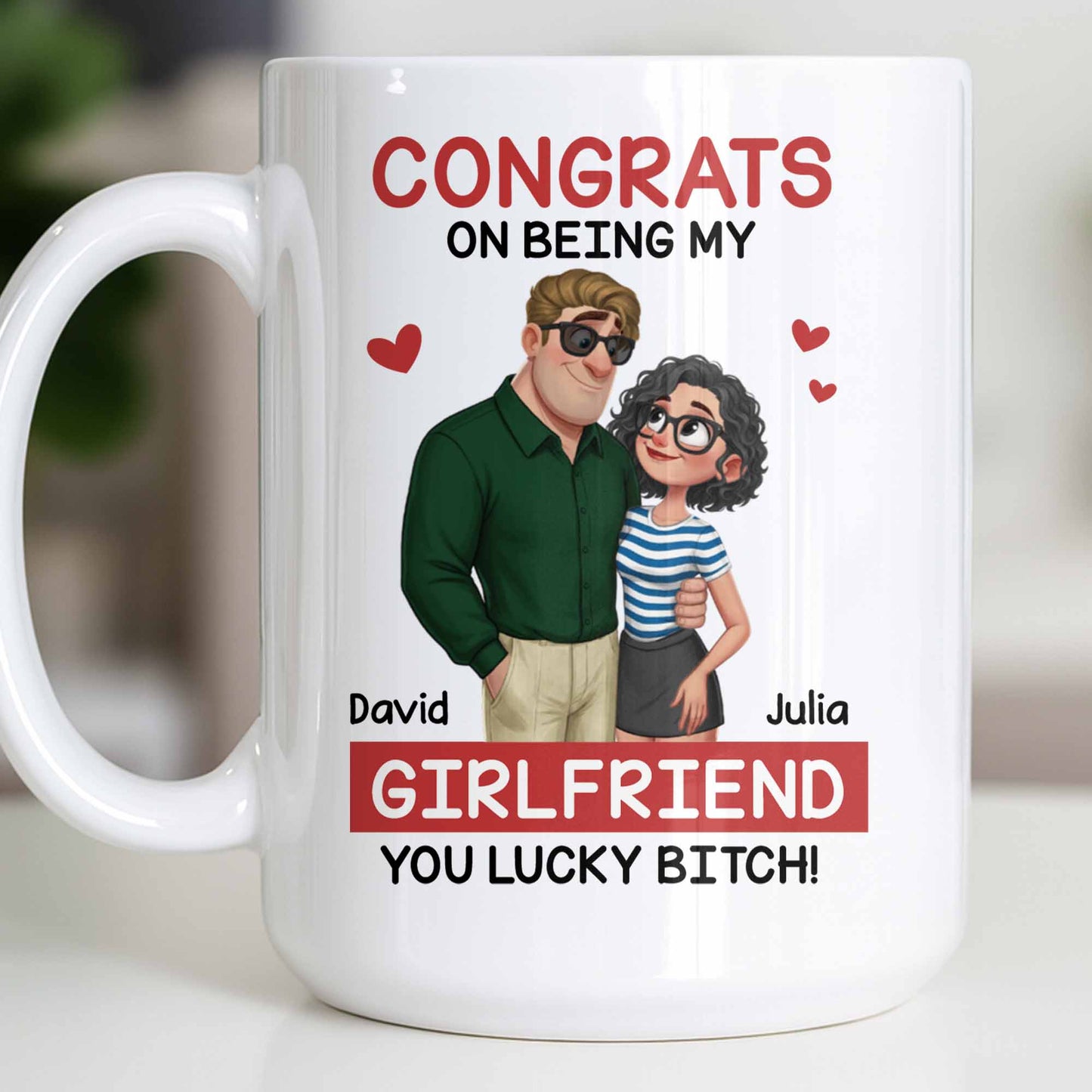 Congrats On Being My Girlfriend, Couple With Hearts - Personalized Custom Coffee Mug - CPL1344_MG