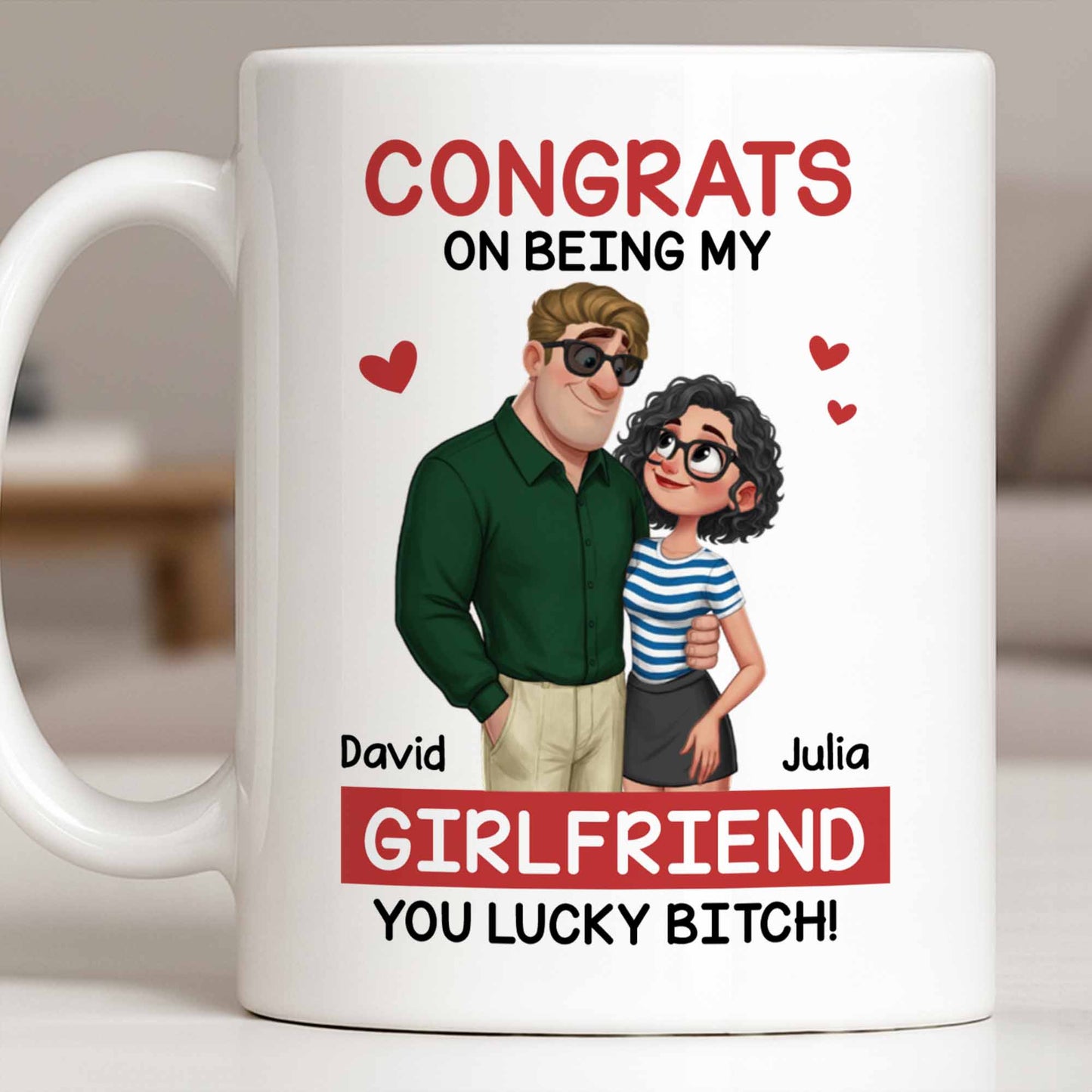 Congrats On Being My Girlfriend, Couple With Hearts - Personalized Custom Coffee Mug - CPL1344_MG