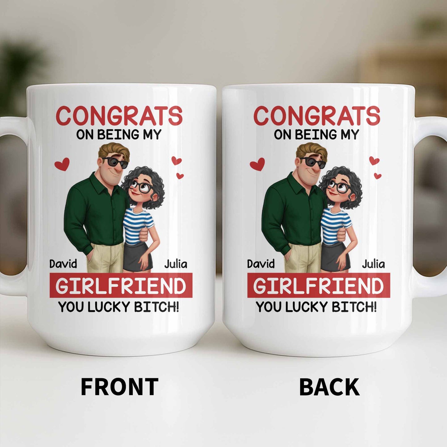 Congrats On Being My Girlfriend, Couple With Hearts - Personalized Custom Coffee Mug - CPL1344_MG