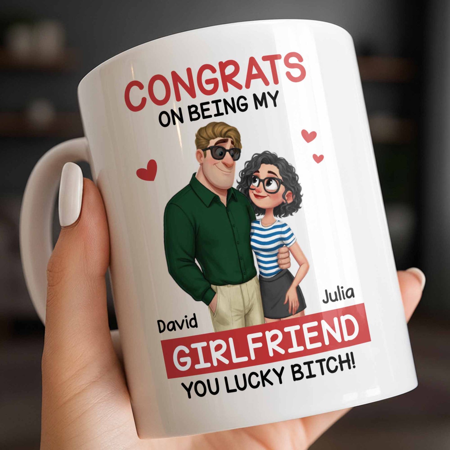 Congrats On Being My Girlfriend, Couple With Hearts - Personalized Custom Coffee Mug - CPL1344_MG
