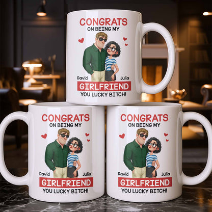 Congrats On Being My Girlfriend, Couple With Hearts - Personalized Custom Coffee Mug - CPL1344_MG