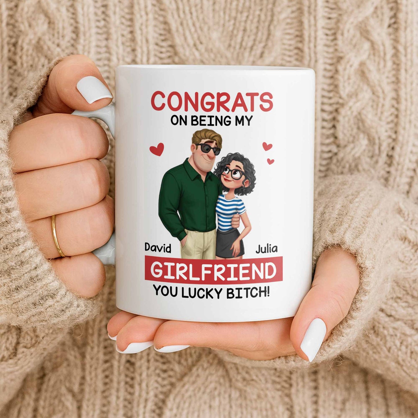 Congrats On Being My Girlfriend, Couple With Hearts - Personalized Custom Coffee Mug - CPL1344_MG