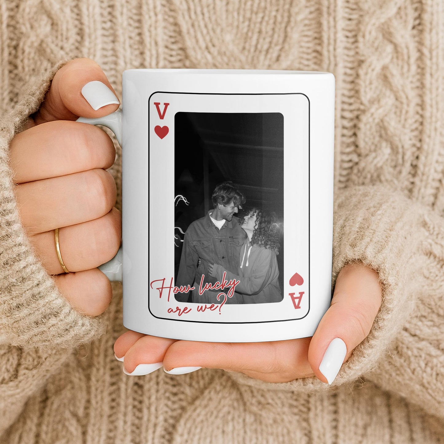 How Lucky Are We Playing Card Design And Heart - Personalized Custom Coffee Mug - CPL1351_MG
