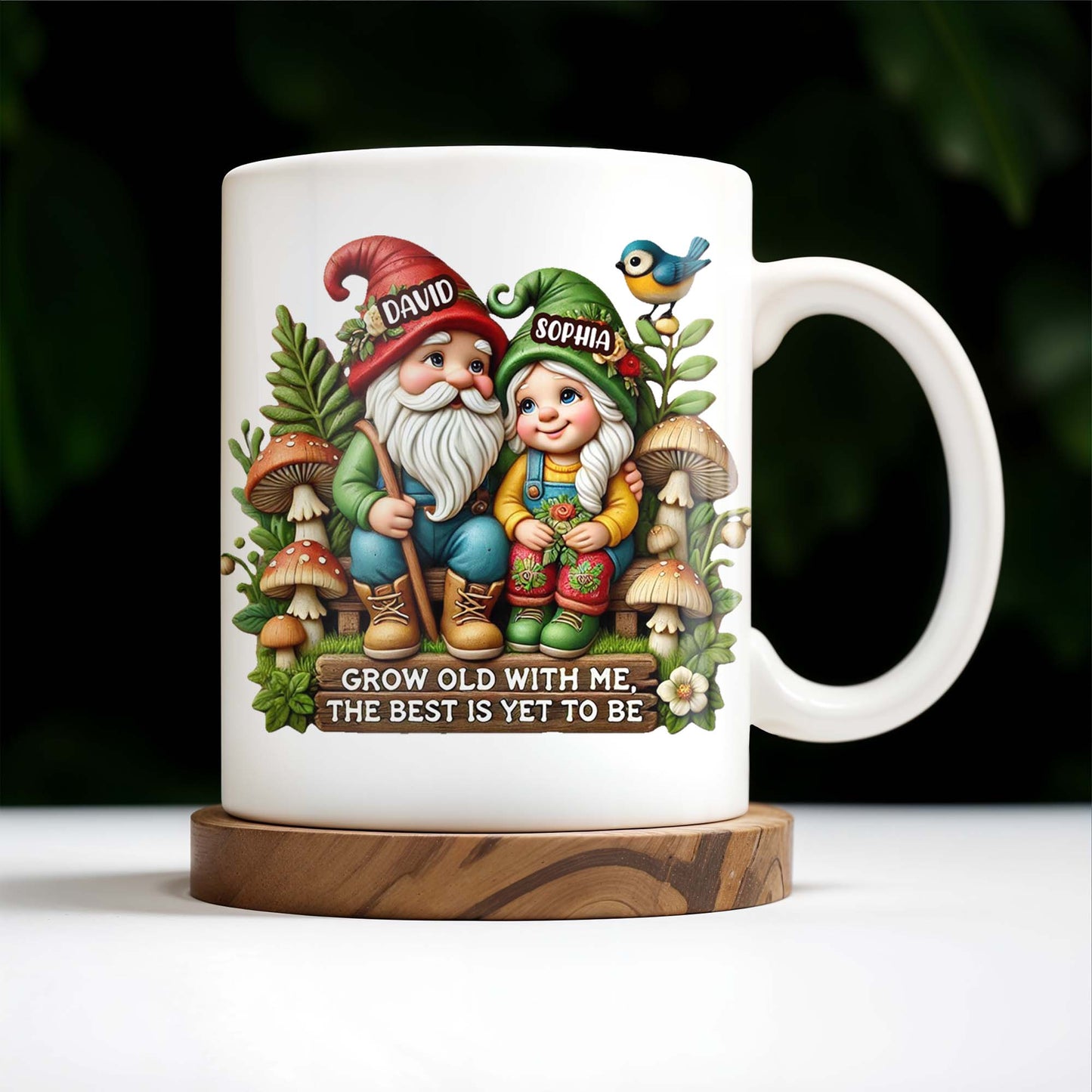 Grow Old With Me Gnome Mug Featuring Birds and Flowers - Personalized Custom Coffee Mug - CPL176_MG