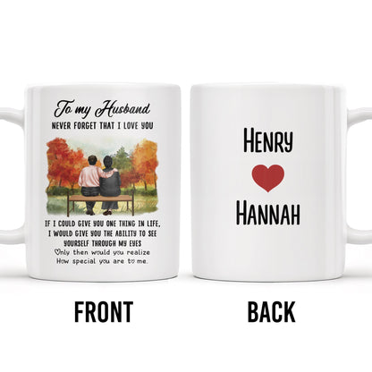 To My Husband Love Message With Bench Under Autumn Trees - Personalized Custom Coffee Mug - CPL261_MG
