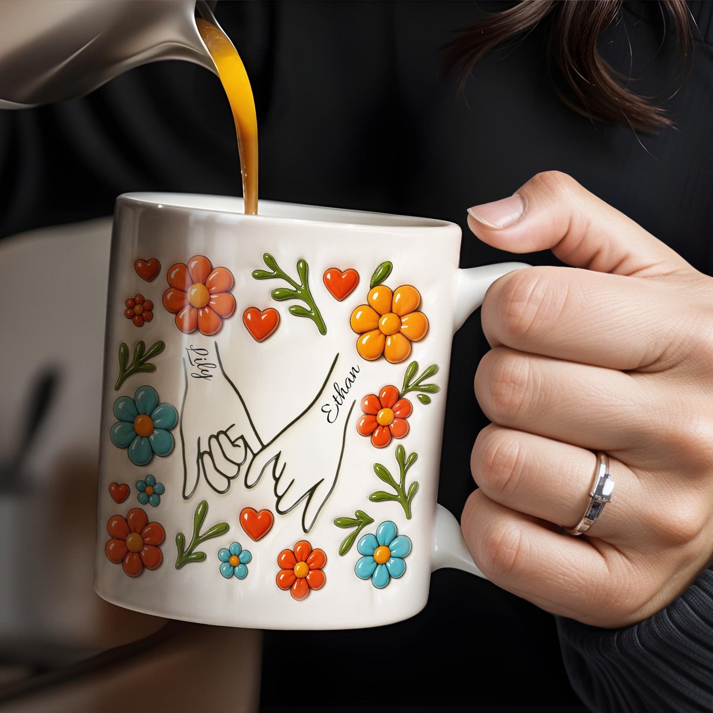 To Mom, Love Grows Here, Hands, Heart and Flowers - Personalized Custom Coffee Mug - CPL377_MG