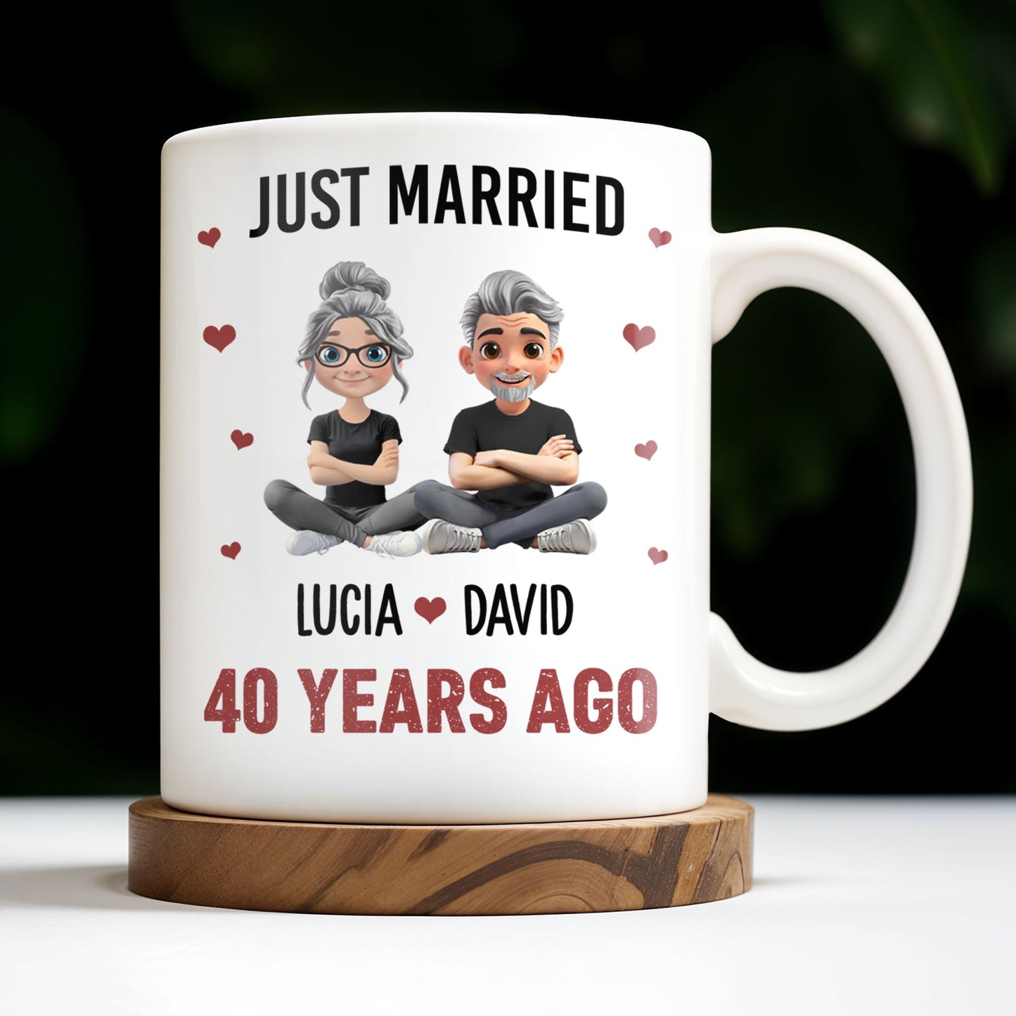 Just Married Cartoon Couple With Hearts - Personalized Custom Coffee Mug - CPL445_MG