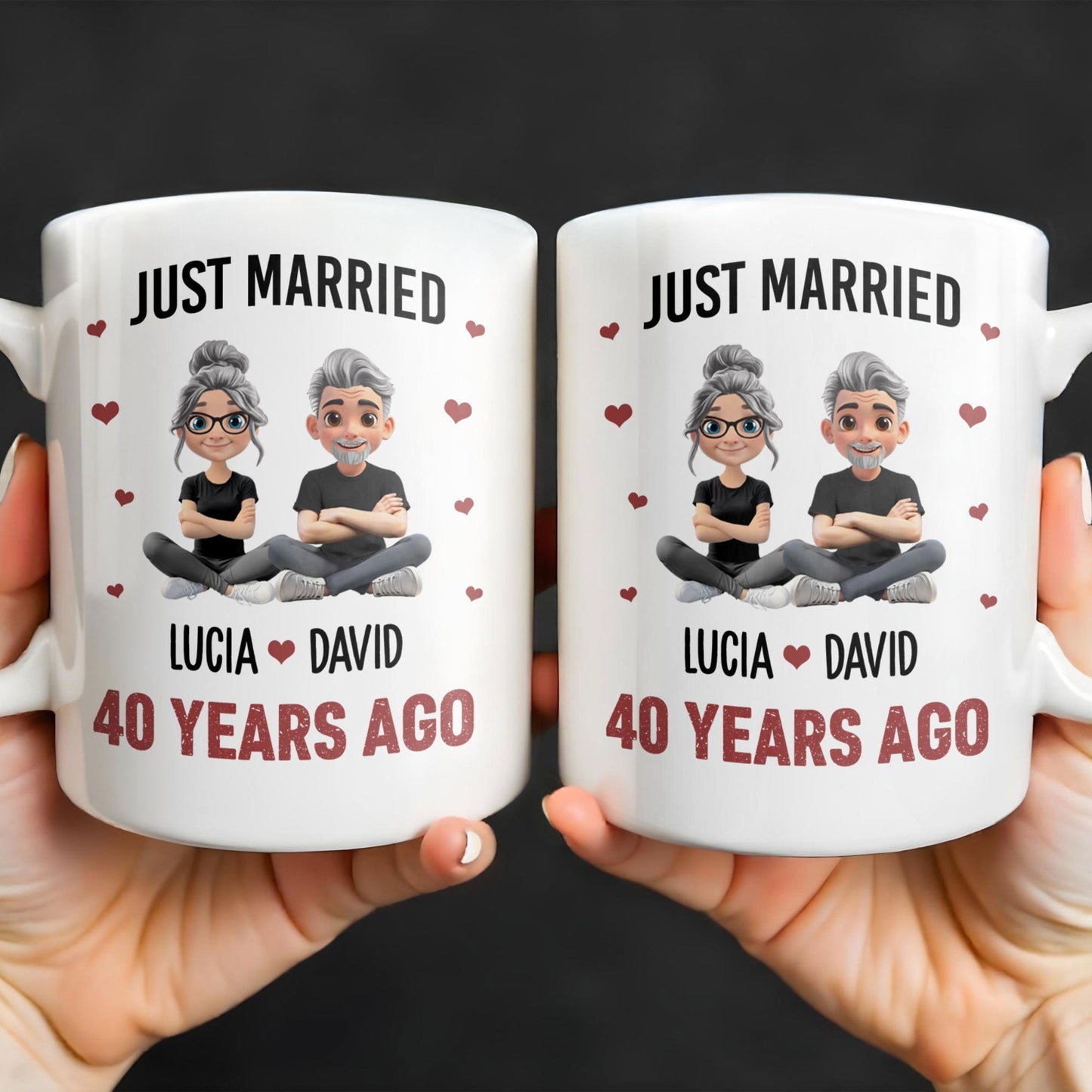 Just Married Cartoon Couple With Hearts - Personalized Custom Coffee Mug - CPL445_MG