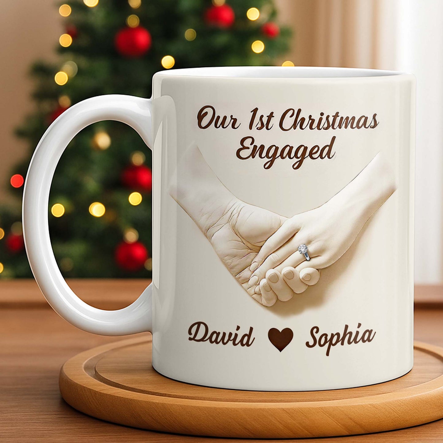 Our 1st Christmas Engaged, Hands Holding With Ring - Personalized Custom Coffee Mug - CPL773_MG