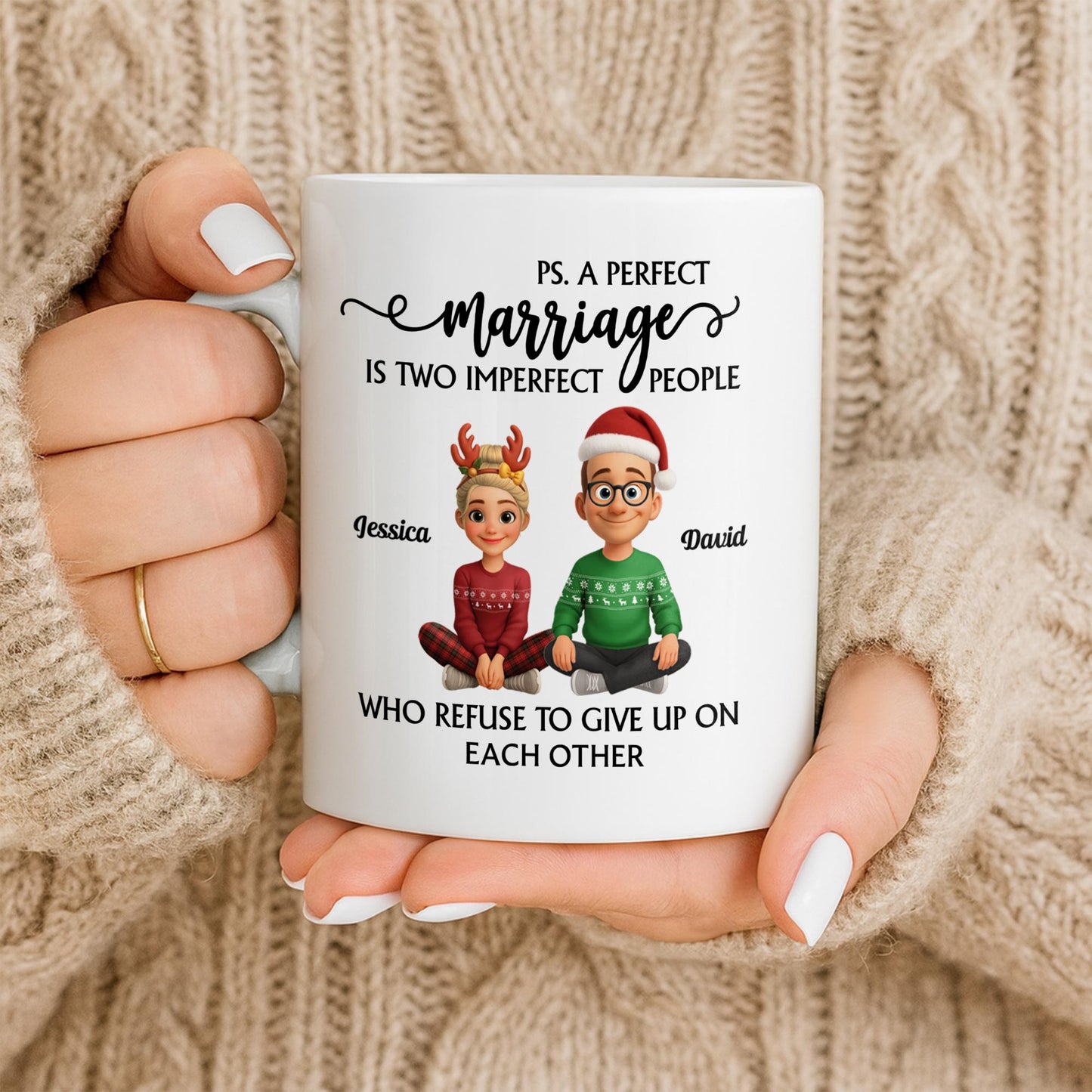 A Perfect Marriage, Cartoon Couple In Christmas Attire - Personalized Custom Coffee Mug - CPL978_MG