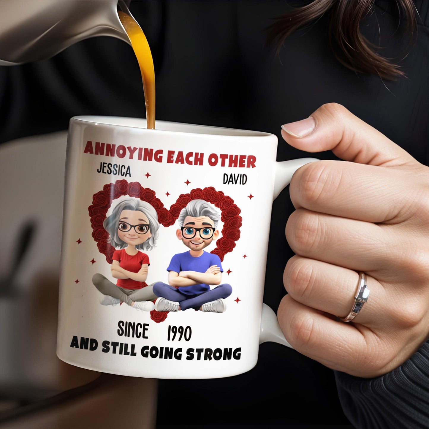 Annoying Each Other And Still Going Strong, Cartoon Couple With Hearts - Personalized Custom Coffee Mug - CPL995_MG