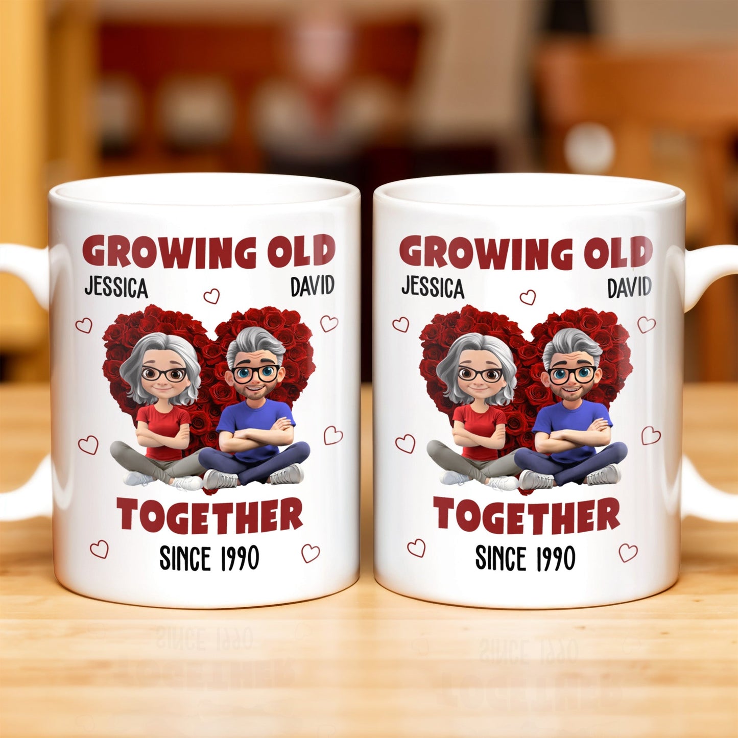 Growing Old Together Hearts and Cartoon Couple Design - Personalized Custom Coffee Mug - CPL996_MG