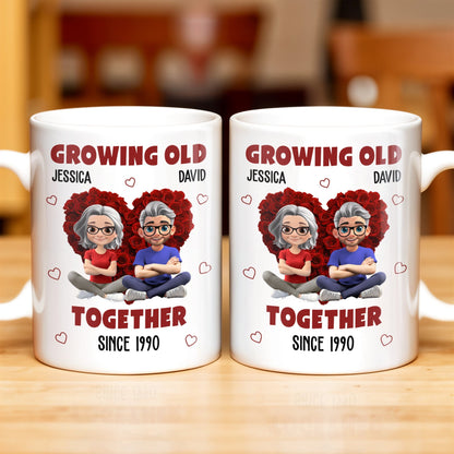 Growing Old Together Hearts and Cartoon Couple Design - Personalized Custom Coffee Mug - CPL996_MG