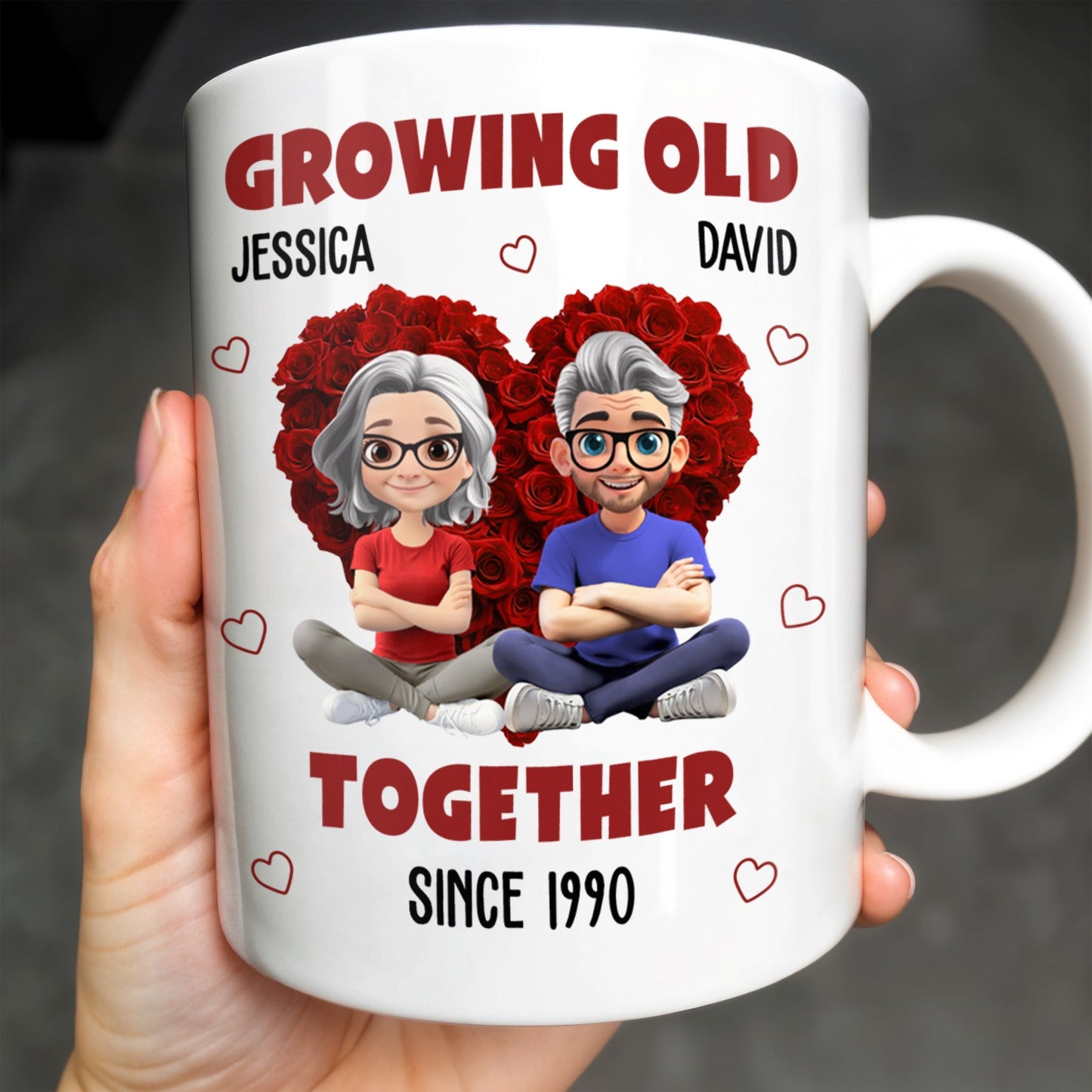 Growing Old Together Hearts and Cartoon Couple Design - Personalized Custom Coffee Mug - CPL996_MG