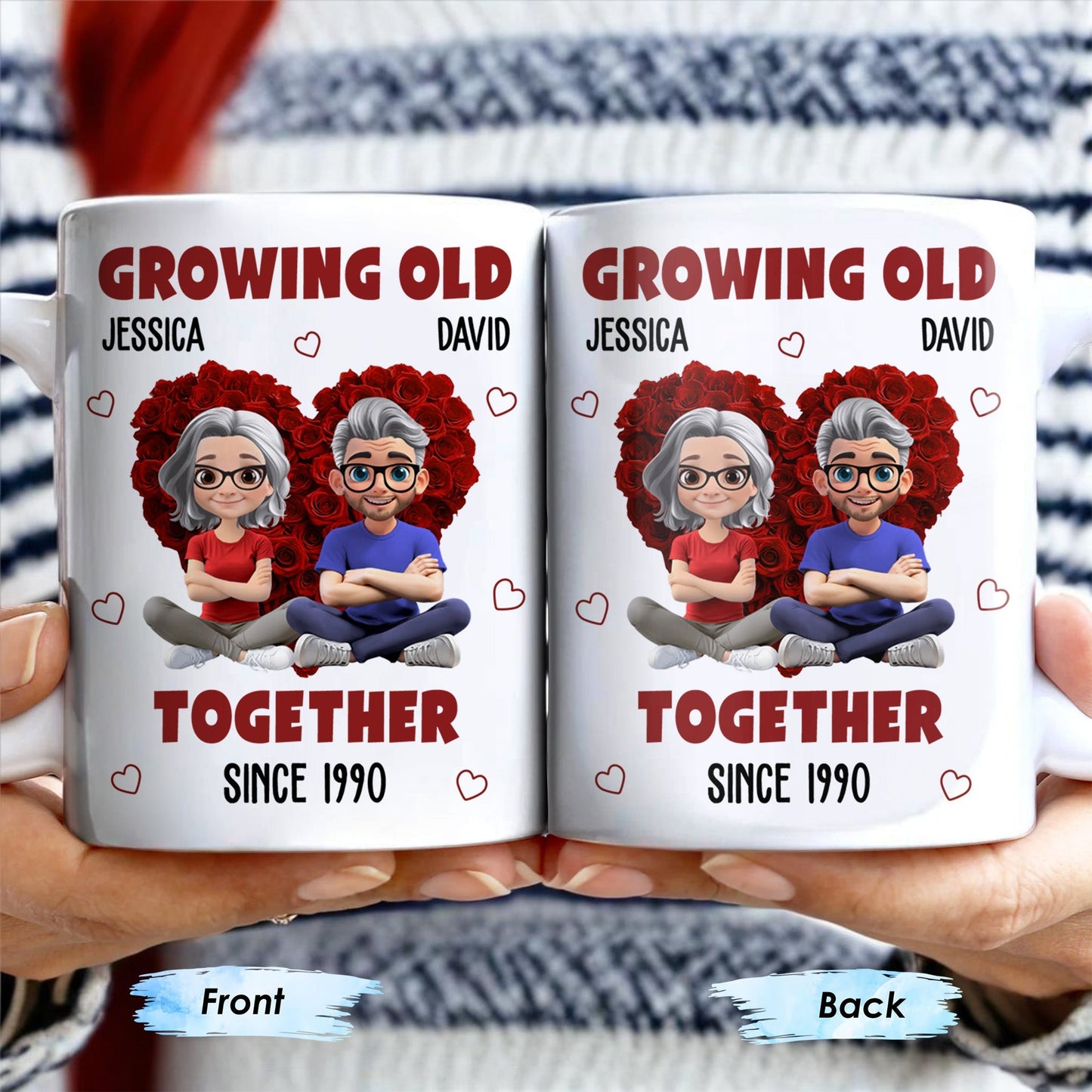 Growing Old Together Hearts and Cartoon Couple Design - Personalized Custom Coffee Mug - CPL996_MG