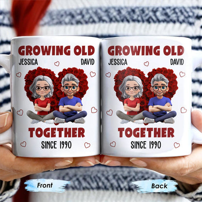 Growing Old Together Hearts and Cartoon Couple Design - Personalized Custom Coffee Mug - CPL996_MG