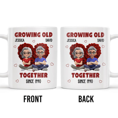 Growing Old Together Hearts and Cartoon Couple Design - Personalized Custom Coffee Mug - CPL996_MG