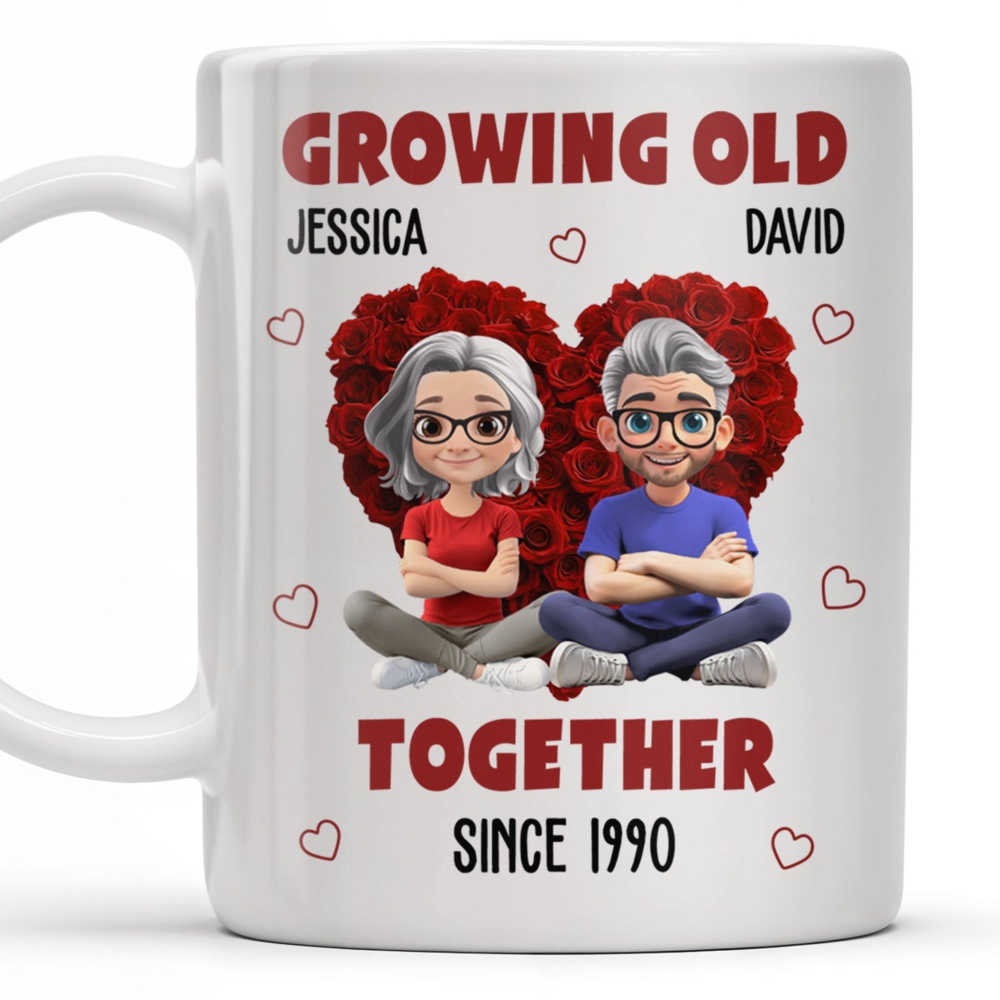 Growing Old Together Hearts and Cartoon Couple Design - Personalized Custom Coffee Mug - CPL996_MG