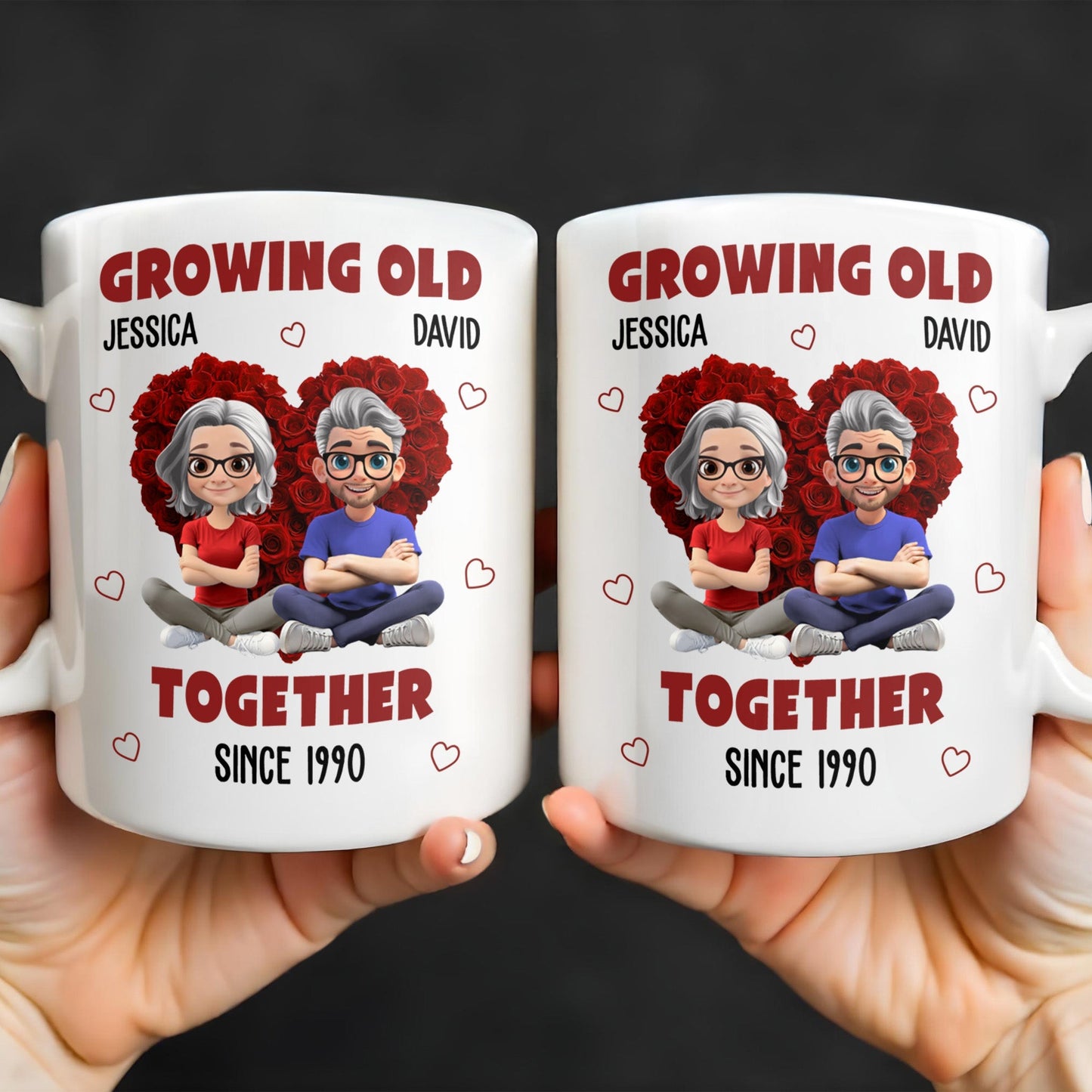 Growing Old Together Hearts and Cartoon Couple Design - Personalized Custom Coffee Mug - CPL996_MG