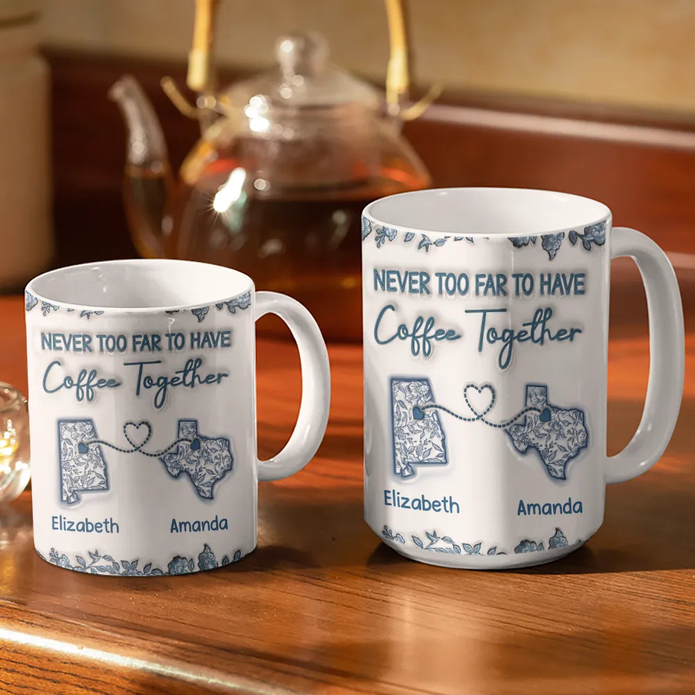 Chinoiserie Toile 3D Inflated Effect Never Too Far To Have Coffee Together - Personalized White Edge-to-Edge Mug