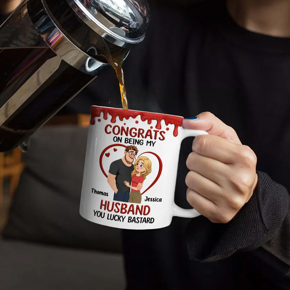 Congrats On Being My Husband Animate Hugging Couple - Personalized White Edge-to-Edge Mug