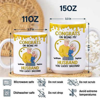 Congrats On Being My Husband Animate Hugging Couple - Personalized White Edge-to-Edge Mug